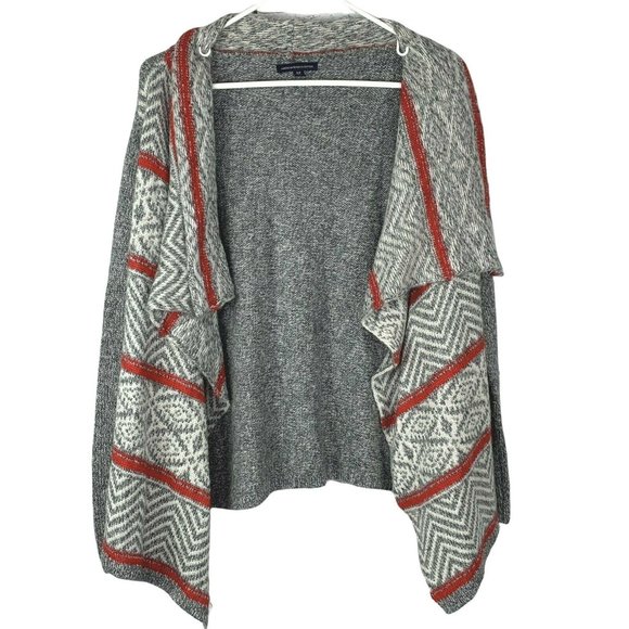 American Eagle Sweater Wrap size S Draped Waterfall Nordic Gray Red Shawl Collar - Picture 2 of 5